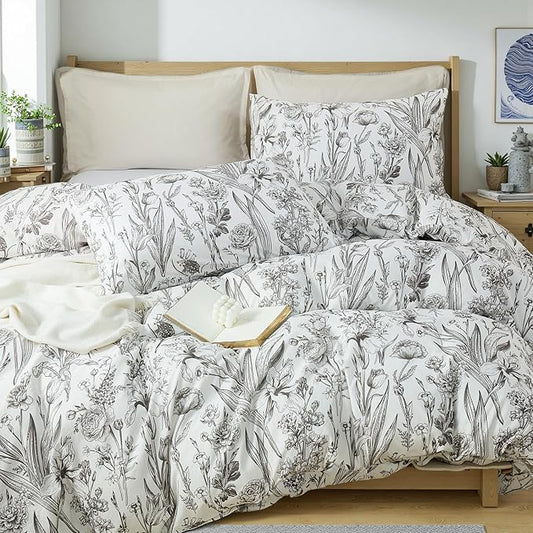 100% Cotton Duvet Cover King Size – Vintage Botanical Sketch Elegant Taupe Floral Duvet Cover Set with Zipper Closure, 3-Piece Soft Breathable Natural Premium Cotton Bedding Set