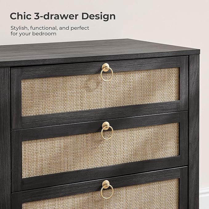 SICOTAS Nightstand Set 2 with Drawers - Large Rattan Bedside Table with Golden Handle, 3 Drawers Night Stand 26.78" Wide Side Table Boho Nightstand for Bedroom