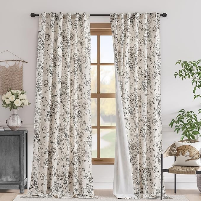 jinchan Blackout Linen Blend Curtain Floral Blackout Curtains for Living Room 120 Inch Length Black Printed with Lined Blackout Curtain for Bedroom Farmhouse Curtains Set 2 Panels