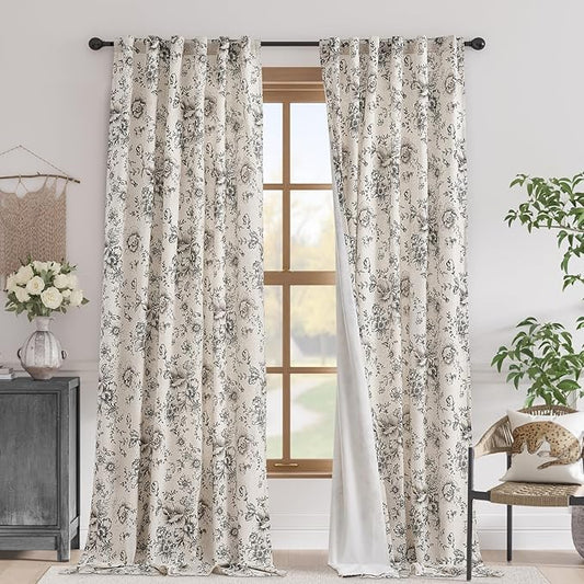 jinchan Blackout Linen Blend Curtain Floral Blackout Curtains for Living Room 120 Inch Length Black Printed with Lined Blackout Curtain for Bedroom Farmhouse Curtains Set 2 Panels