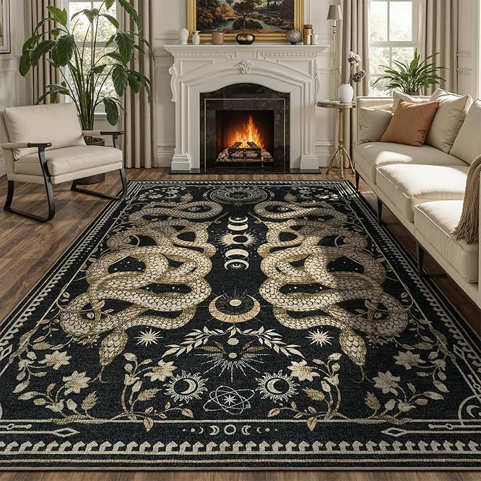 DCX Washable 4x6 Snake Rug, Black Gothic Rug for Living Room, Soft Low Pile Carpet, Kid & Pet Friendly with Rubber Back Non Slip, Stain Resistant Rug for Bedroom Dining Room Office