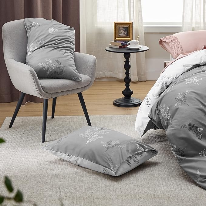 Bedsure Duvet Cover King Size - Reversible Floral Duvet Cover Set with Zipper Closure, 3 Pieces Grey Bedding Set with 8 Corner Ties and 2 Pillowcases 20"x36"
