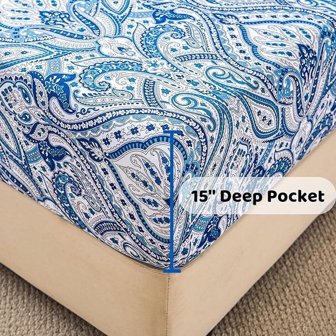 Softan Blue Paisley Printed Queen Size Sheet Set, Blue Floral Sheets Queen, Cozy Microfiber Fitted Sheet with 15" Deep Pocket & Non-Slip Straps, Flower Patterned Sheets & Pillowcase Sets