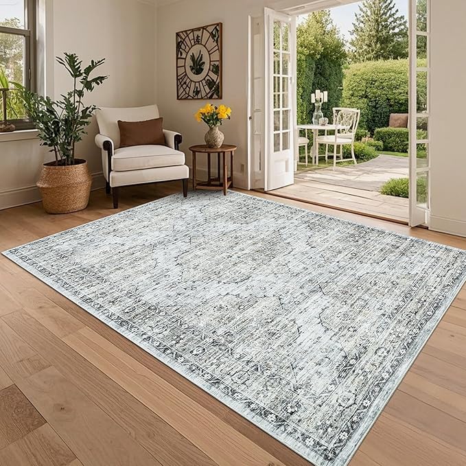 Washable 5x7 Area Rug Boho Vintage Area Rug Soft Living Room Non-Slip Dining Room Floor Carpet Low Pile Non Shedding Boho Accent Rug Oriental Indoor Carpet for Bedroom Home Decor Office, Blue Brown