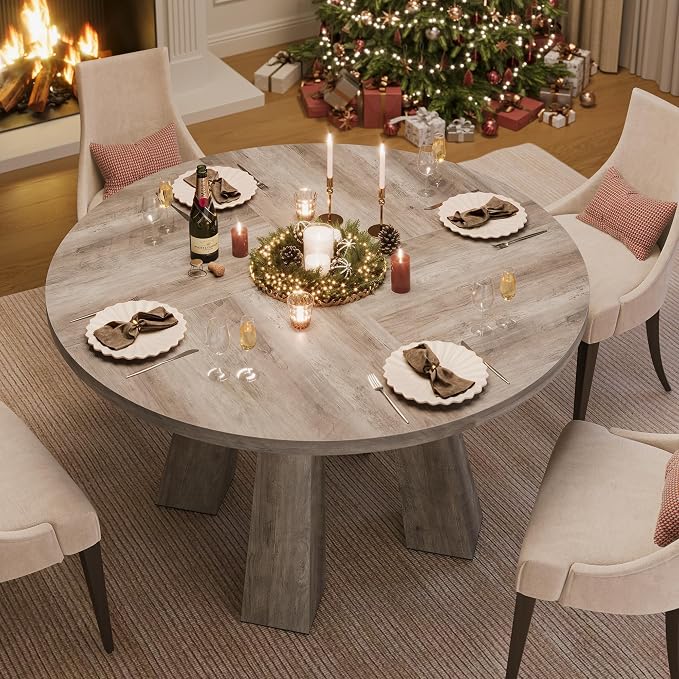 IDEALHOUSE 47" Round Dining Table for 4-6, Wood Kitchen Table with Sturdy Base, Farmhouse Circle Dinner Table for Dining Room, Living Room, 4 Strong Legs, Grey