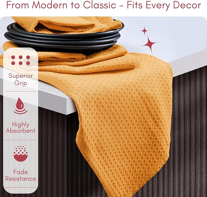 TWINY threads Kitchen Towels Set of 4, 100% Soft Cotton Waffle Weave Dish Towels with Hanging Loop, Reusable for Table Cleaning, Dinning, Parties - 16"x26" - Mustard Yellow