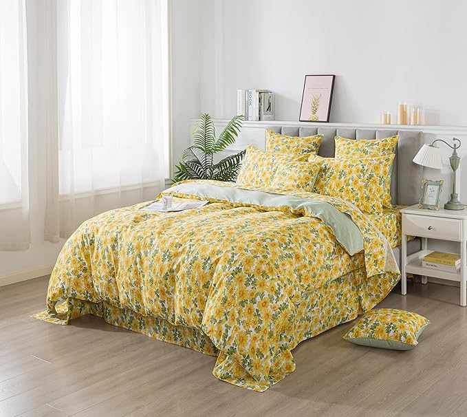 FADFAY Sunflower Duvet Cover Set Vintage Yellow Daisy Floral Bedding Shabby Botanical Comforter Cover Set 100% Cotton Ultra Soft Quilt Cover with Hidden Zipper Closure 3Pcs, King/California King Size