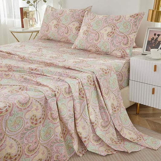Brandream Boho Paisley Bedding Pink Elegant Watercolor Farmhouse Bed Sheets Set Queen Size Luxury Bedding Collections 800 Thread Count 100% Egyptian Cotton Deep Pocket, 4 Piece