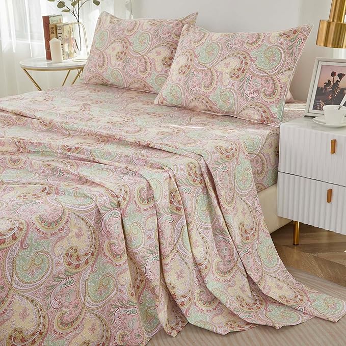 Brandream Bed Sheet King Size Boho Paisley Bedding Pink Watercolor Farmhouse Sheets Set Luxury Bedding Collections 800 Thread Count 100% Egyptian Cotton Deep Pocket, 4 Piece