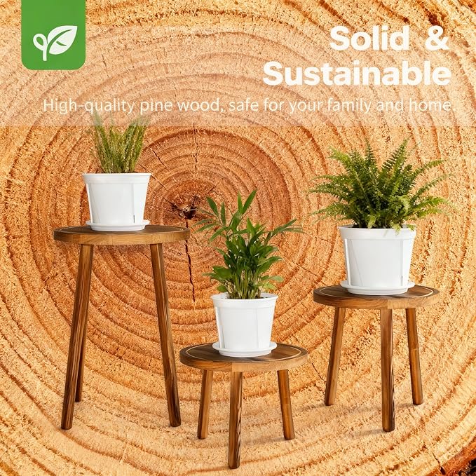 3 PCS Wood Plant Stands Indoor, Three Sizes of Plant Stands Suitable for 6-15 Inch Pots, Single Plant Holder and Wood Stool, Mid-century Modern Plant Pot Stand, Tall and Short Flower Pot Stand