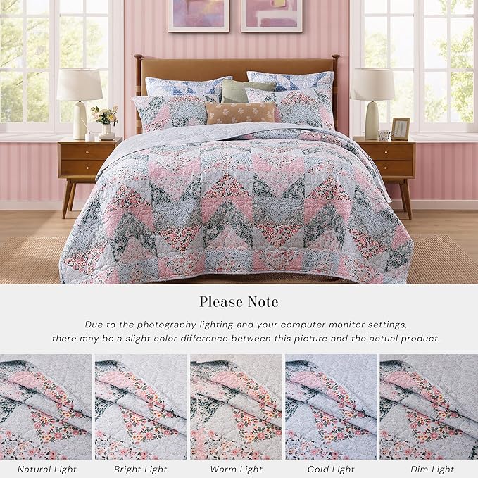 Quilt Set Queen Size, Patchwork Pink Floral Quilt Sets, Reversible Bedspread Lightweight and Breathable for All Seasons, Soft Quilted Bedspread with 2 Pillow Shams