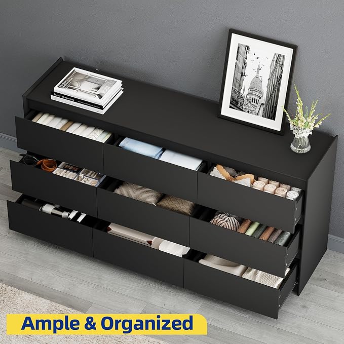 Black Dresser for Bedroom, 62" Wide Chest of Drawers, Modern 9 Drawer Storage Organizer for Closet, Hallway, or Living Room