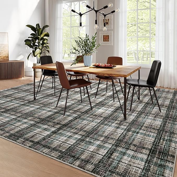 Washable Rugs 9x12 Rug for Living Room Modern Bedroom Rug Contemporary Large Area Rug Non Slip Throw Rugs Soft Stain Resistant Carpet for Office Dining Room 9'x12' Teal&Dark Brown