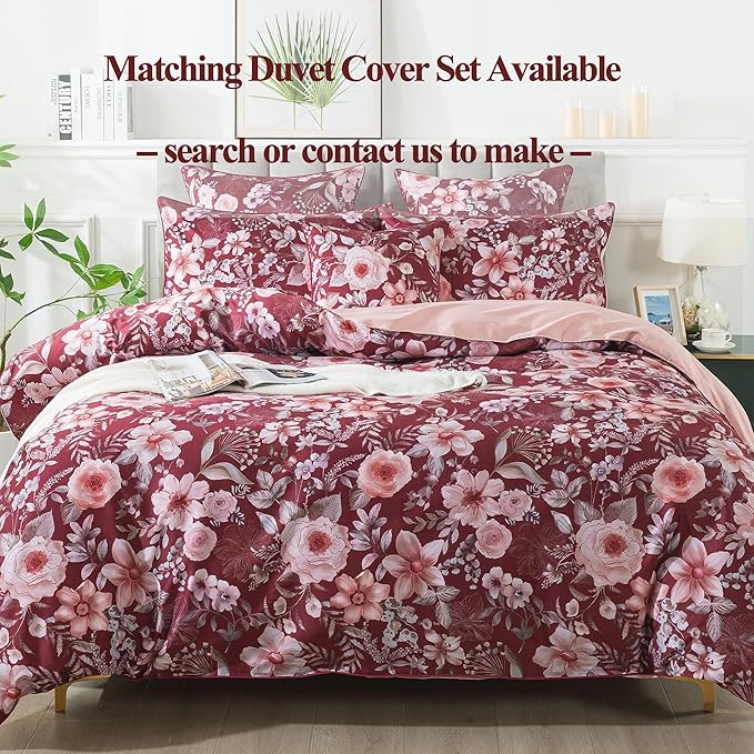 FADFAY Floral Sheets Set King Vintage Red Floral Bedding Shabby Pink Rose Elegant Peony Sheets Rustic Farmhouse Bedding 800 Thread Count 100% Egyptian Cotton Deep Pocket Fitted Sheet 4Pcs, King Size