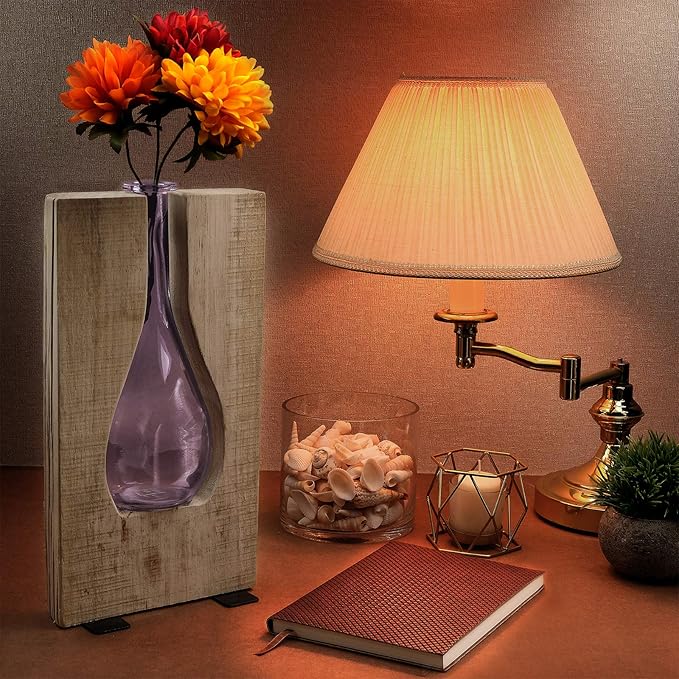EXCELLO GLOBAL PRODUCTS Round Purple Glass and Wood Vase - Rustic Flower Vase Decorative Centerpieces for Dining Room Table Coffee Tables Vintage Farmhouse Decor (Tall - 13" x 7")