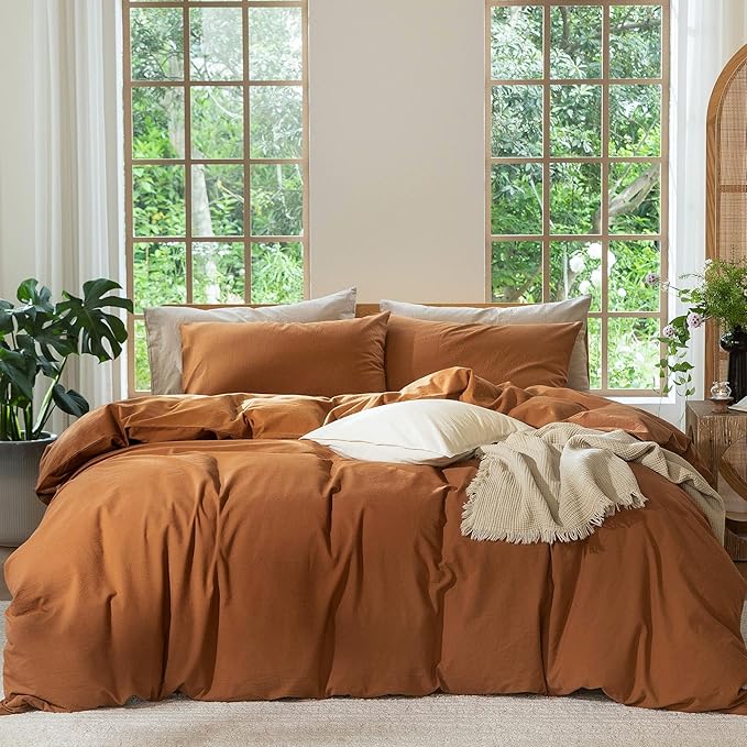 MooMee Bedding Duvet Cover Set 100% Washed Cotton Linen Like Textured Breathable Durable Soft Comfy (Solid Dark Orange, Palatial King/Oversized King 120"x98")