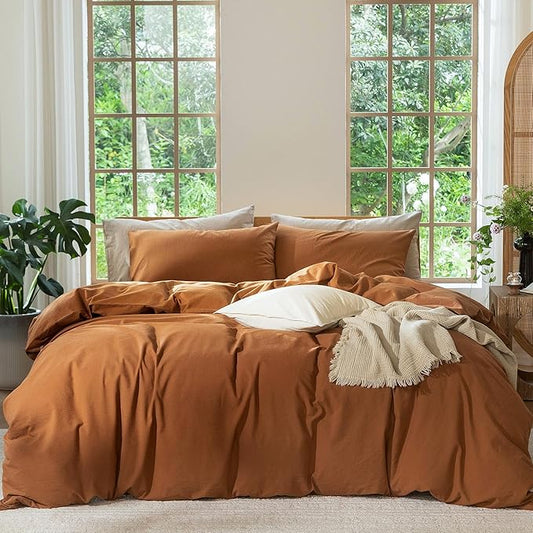 MooMee Bedding Duvet Cover Set 100% Washed Cotton Linen Like Textured Breathable Durable Soft Comfy (Solid Dark Orange, Super Queen 90"x98")