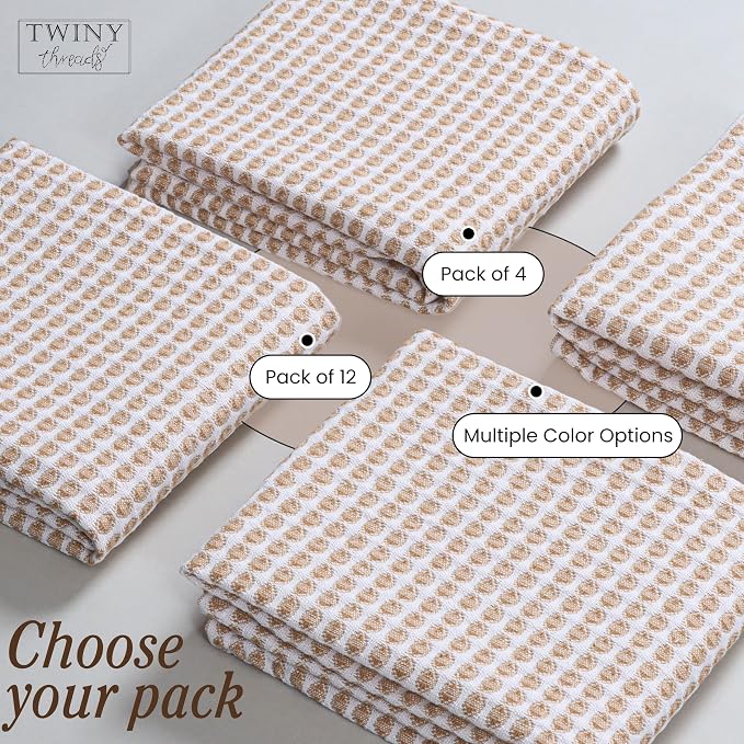 TWINY threads Circle Waffle Dish Towels 4 Pack, 16x26 Inches, 100% Cotton, Heavy Duty, Absorbent Dishcloth Set, Perfect for Drying Dishes for Kitchen, Rustic Homes, Embroidery, General Use, Beige