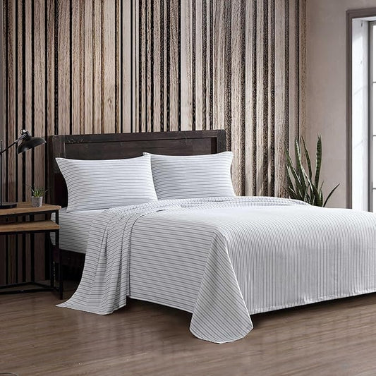 Eddie Bauer - Full Bed Sheets, Cotton Flannel Bedding Set with Matching Pillowcases, Brushed for Extra Softness, Deep Pocket, Oeko-Tex Certified (Ticking Stripe Grey)