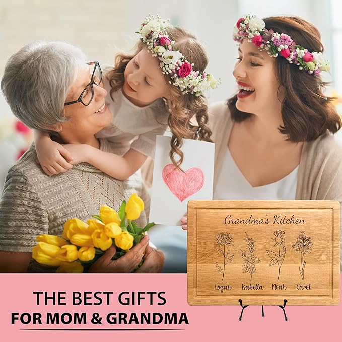 Personalized Cutting Boards, Gifts for Mom - Grandma, Birth Flower Grandma's Garden, Christmas, Birthday Mothers Day Gift for Grandma From Grandkids, Son - Daughter, Chopping Board for Mom's Kitchen