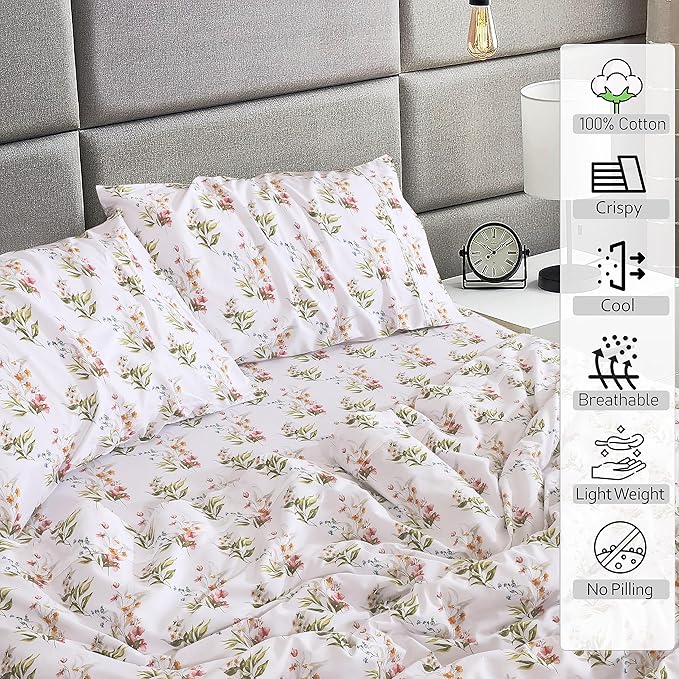 RUVANTI 100% Cotton Split King Sheets Sets for Adjustable Bed, 5 PCs, Soft & Breathable Percale Weave Bedding, Deep Pocket 16", Hotel Standard, Crisp Cool Feel & Durable, Floral Sheet, Floral Bliss