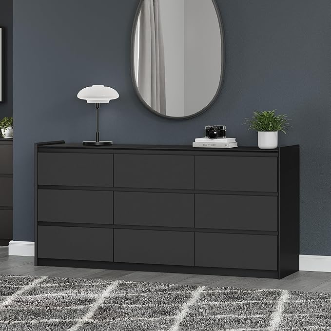 Black Dresser for Bedroom, 62" Wide Chest of Drawers, Modern 9 Drawer Storage Organizer for Closet, Hallway, or Living Room
