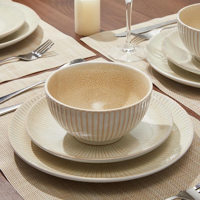 Pokini Ceramic Dinnerware Sets for 4, 12 Pieces Embossed Stoneware Plates and Bowls Sets, Scratch Resistant Dish Sets, Distinctive Granulated Surface, Housewarming Wedding Gift, Brown