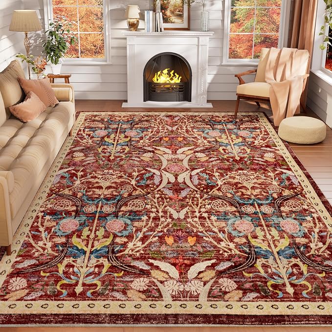 AMTOVO 6x9 Washable Area Rugs for Living Room, Non-Slip Large Soft Boho Floral Vintage Accent Print Carpet for Bedroom Dorm Nursery Room Dining Room Farmhouse Home Office, Red