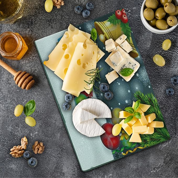 Ambesonne Christmas Cutting Board, Words Print with Original Celebration Objects with Presents and Candies Image, Decorative Tempered Glass Cutting and Serving Board, Small Size, Grey Yellow