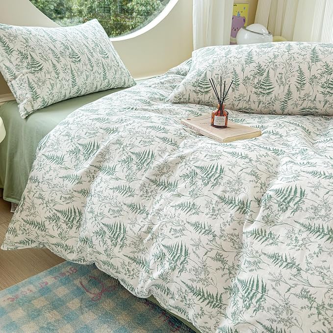 LifeTB Muslin Duvet Cover King Size 100% Cotton Botanical Floral Comforter Cover Ultra Soft Cottagecore Bedding Set Lightweight Linen Feel Textured Breathable Gauze Duvet Cover with 2 Pillowcases