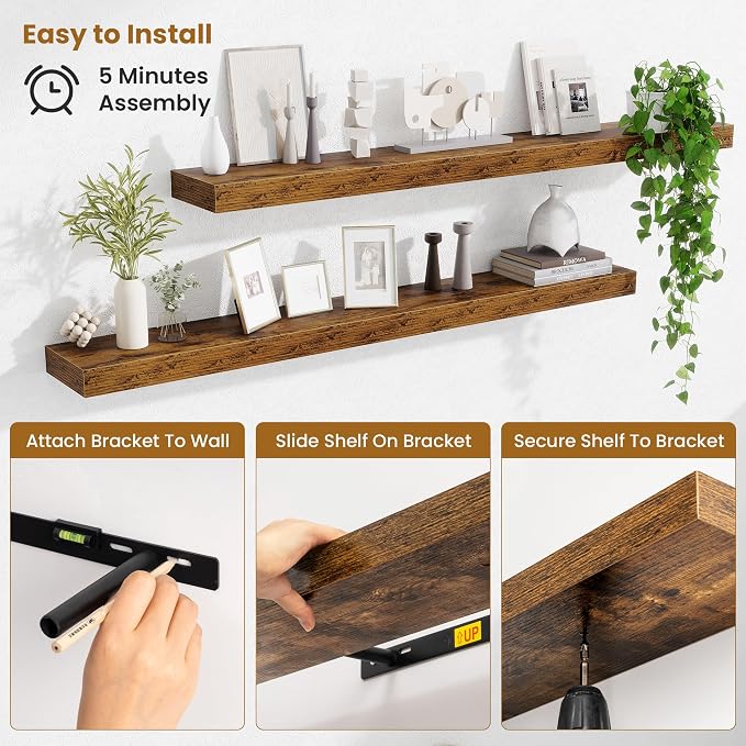 Fun Memories Floating Shelves 48 Inch, Extra Large Wood Shelf Set of 2, Hanging Wall Shelves for Bathroom, Living Room, Kitchen, Bedroom, Rustic Brown