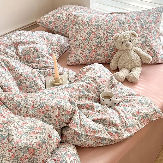 LIFETB Pink Floral Comforter Set Full Cute Girl Floral Bedding Comforter Set for Full Size Bed Chic Garden Style Flower Comforter with 2 Pillowcases Vintage Botanical Bedding Comforter Set All Season