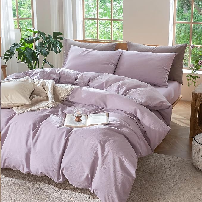 MooMee Bedding Duvet Cover Set 100% Washed Cotton Linen Like Textured Breathable Durable Soft Comfy (Heathered Light Purple, Queen 90"x90")