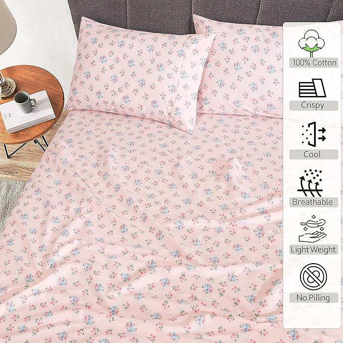 RUVANTI 100% Cotton Full Size Bed Sheets, 4 Pieces, Soft & Breathable Percale Weave Bedding, Deep Pocket 16", Hotel Standard, Crisp Cool Feel, Durable, Perfect Sheet Set Floral, Spring On