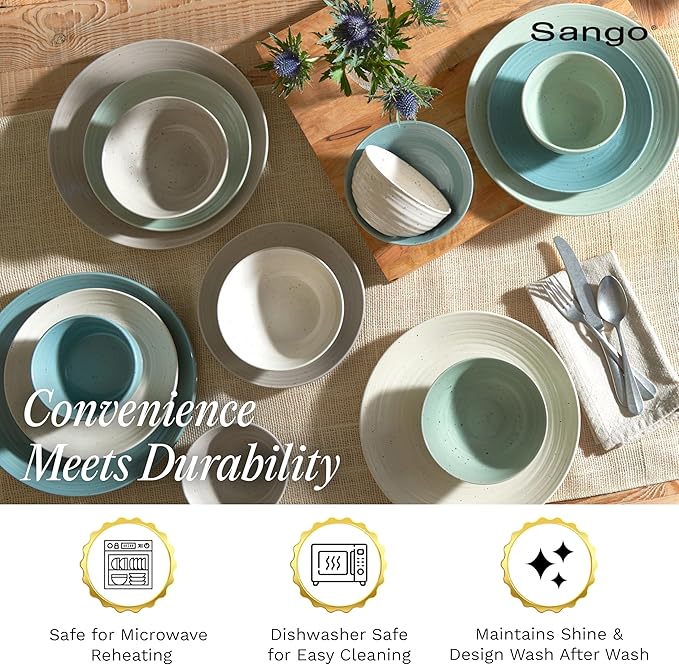 Sango Siterra Artist's Blend 16-Piece Stoneware Dinnerware Set for 4, Green, Cream & White Glossy Dishes with Speckles, Ceramic Plates and Bowls Sets for Everyday Dining, Microwave & Dishwasher Safe