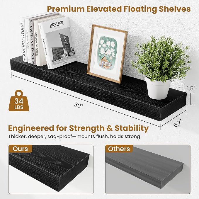 Fun Memories Floating Shelves 30 Inch, Wall Mounted Wood Shelf Set of 2, Farmhouse Decor for Bathroom, Bedroom, Kitchen, Living Room, Black