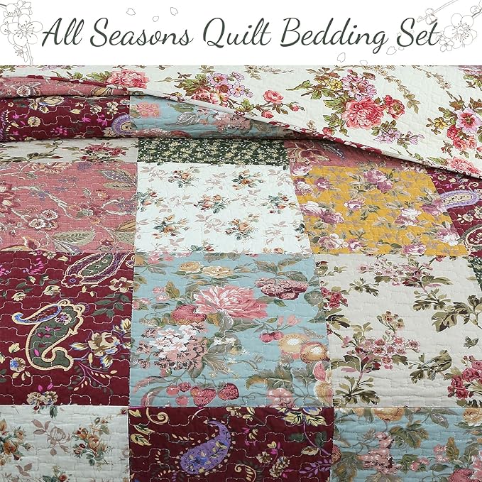 Cozy Line Home Fashions 100% Cotton Authentic Patchwork Quilt Bedding Set, Floral Vintage Antique Chic Reversible Coverlet Bedspread (Harvest, King - 3 Piece)