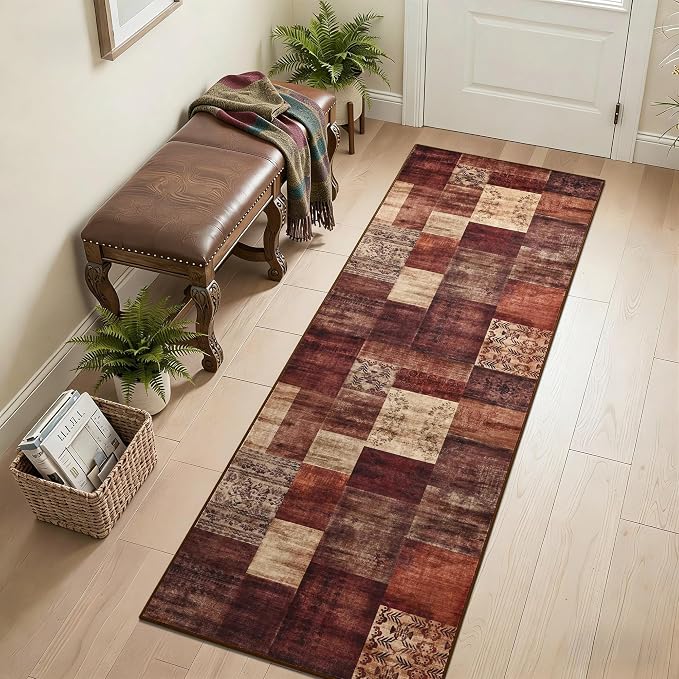 Tepook Modern Runner Rug for Living Room, 2x6 Washable Rugs for Bedroom Hallway, Geometric Patchwork Runner Rug Non-Slip Indoor Throw Carpet for Entryway Kitchen Office Home Decor, Red