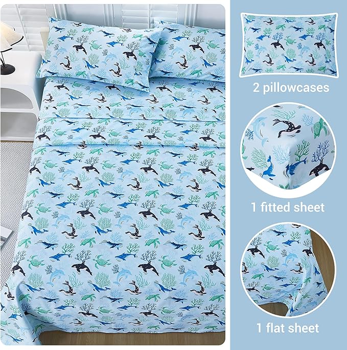 Viviland 4 Pieces Boys Blue Ocean Full Sheet Set - Soft Microfiber Fitted Flat Sheets & Pillowcases - Blue Ocean Whales, Sea Turtles, Marine Organisms Bedding Sets - for Kids & Toddlers