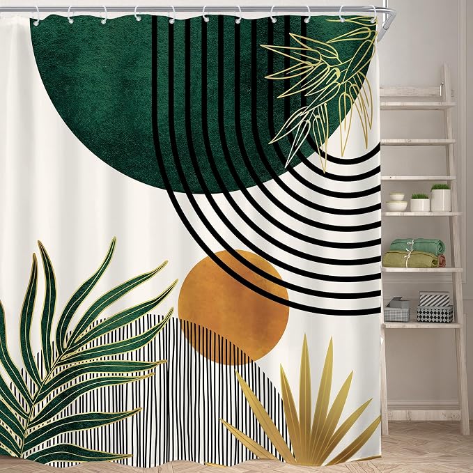 KOMLLEX Mid Century Green Boho Shower Curtain 72Wx78L Inches Abstract Modern Shower Curtains for Bathroom Decor Plant Botanical Minimalist Leaf Arch Sun Fabric Liner Waterproof Polyester 12 Pack Hooks