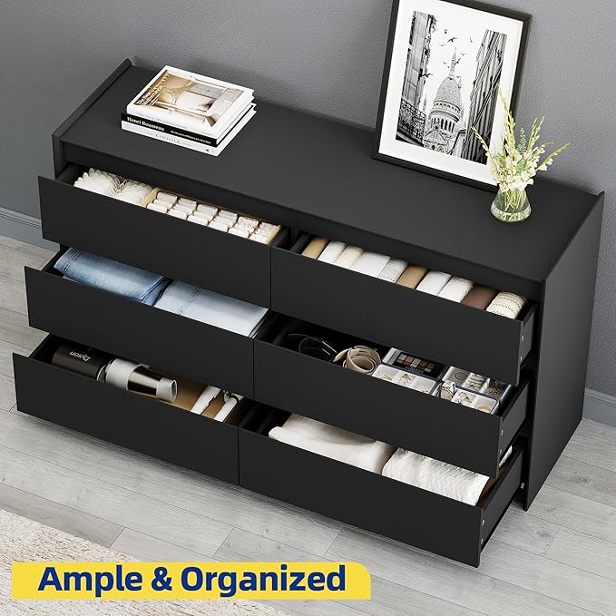 Black Dresser for Bedroom, 54" Wide Chest of Drawers, Simply Modern 6 Drawer Storage Organizer for Closet, Hallway, or Living Room