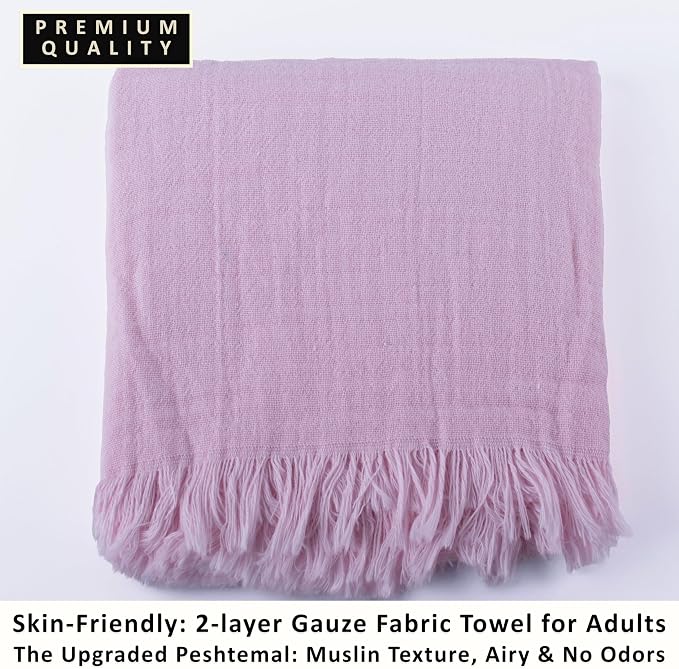 PÜSKÜL - Premium 2-Piece Oversized Muslin Bath Towel for Adult 35x70 Extra Large Bath Sheets | Natural 100% Turkish Cotton Soft Absorbent Quick-Dry Thin Spa & Beach Towels (Pack of 2, Light Pink)