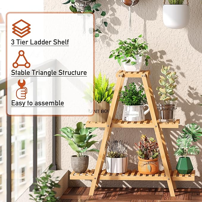 GHWIE Plant Stand Indoor Plant Shelf Outdoor bamboo Plant Rack, 3 Tiers Ladder Plant Holder Flower Stand for Living Room Balcony Garden Patio,Living Room Boho Home Decor for Gardening Gifts (Natural)