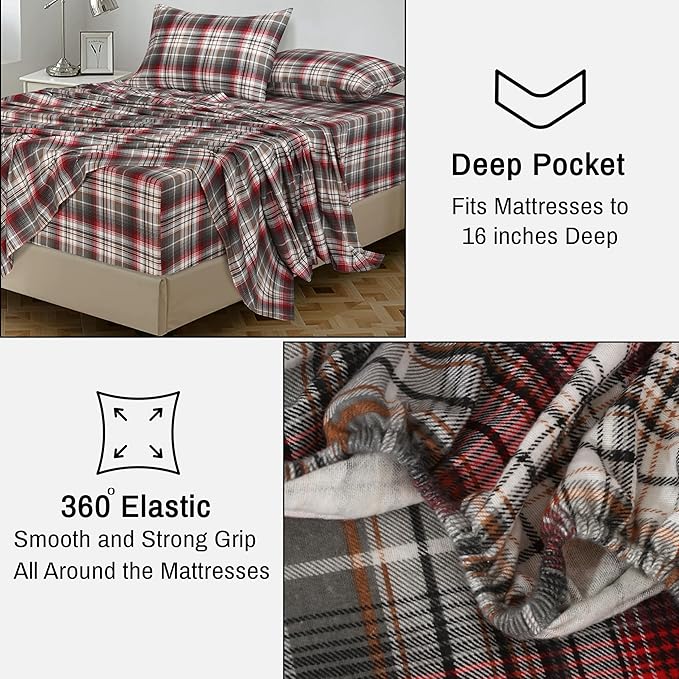RUVANTI Flannel Sheets California King Size - 100% Cotton Brushed Cal King Bed Sheets Set - Deep Pockets 14 Inches - All Seasons Breathable & Extra Soft - Warm & Cozy, 4 Piece, Halloween Check