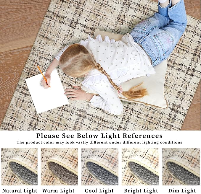 Modern Plaid Washable Rug 9x12 Rug for Living Room Soft Large Area Rug for Bedroom Tartan Non Shedding Non Slip Throw Rugs Stain Resistant Carpet for Dining Room Nursery 9'x12' Beige