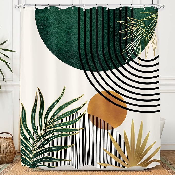 KOMLLEX Mid Century Green Boho Shower Curtain, Abstract Modern Shower Curtains for Bathroom, Plant Botanical Minimalist Leaf Arch Sun Fabric Liner Waterproof Polyester 12 Pack Hooks 60Wx72L Inches