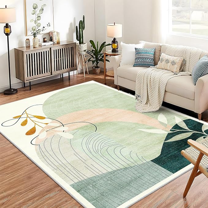 MUJOO 5x7 Area Rugs for Bedroom Living Room,Boho Washable Rug Non Slip Throw Carpet for Office Dining Room Indoor Mid Century Modern Abstract Botanical Geometric Accent Green