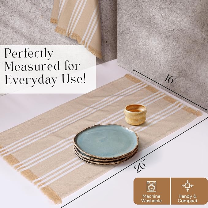 Prewashed Stripe Kitchen Towels 4 Pack, 16x26 Inches, 100% Cotton, Dish Towels for Kitchen Drying, Reusable Tea Towels, Absorbent Wash Cloths, Quick Dry and Machine Washable - Beige