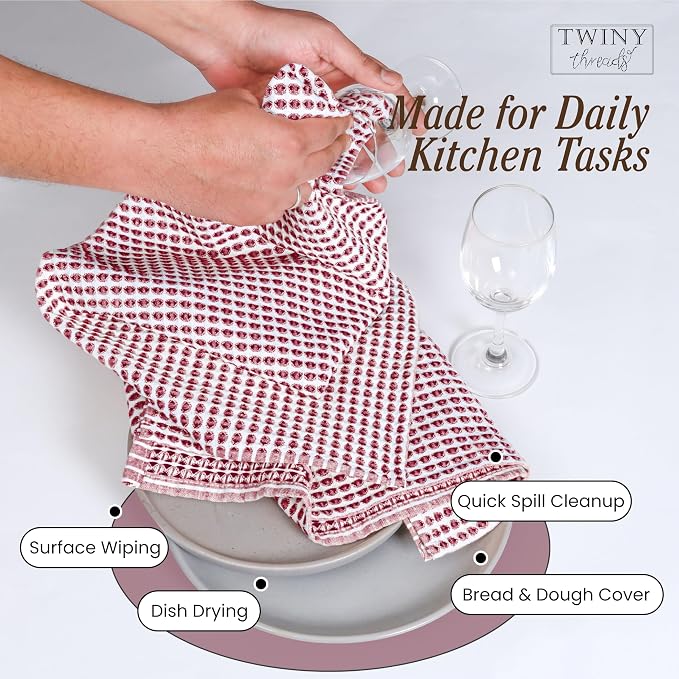 TWINY threads 4 Pack Circle Waffle Kitchen Towels 16x26 Inch, 100% Cotton, Absorbent, Premium Quality, Thick, Waffle Texture Dishcloth Set, Ideal for Drying Dishes Washing, General Cleaning, Burgundy