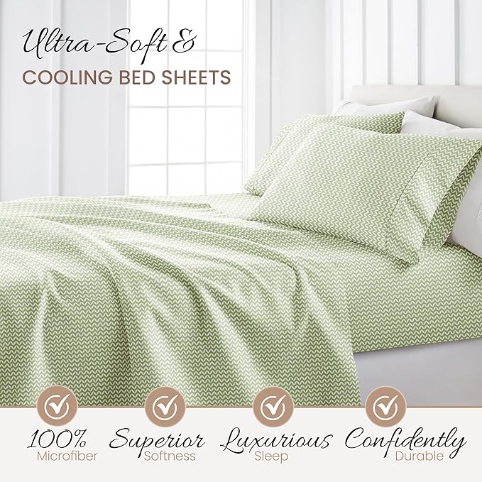 Linen Market 4 Piece King Sheet Set - Breathable, Double-Brushed Patterned Cooling Sheets – Oeko-TEX Certified Ultra Soft & Wrinkle-Free 16" Deep-Pocket King Sheets - Easy Care Puffed Chevron Sage
